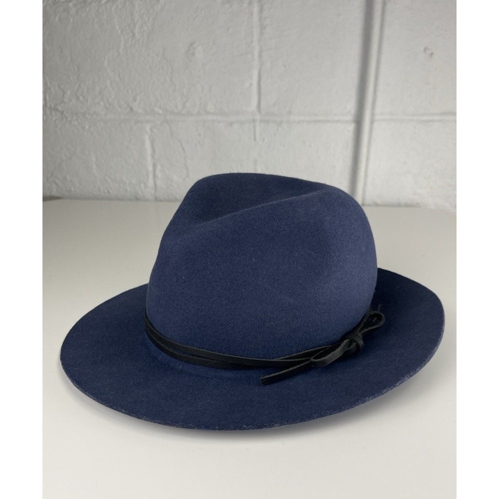 Goorin Bros Navy Blue Wool Felt Fedora Hat Leather Tie Band Medium